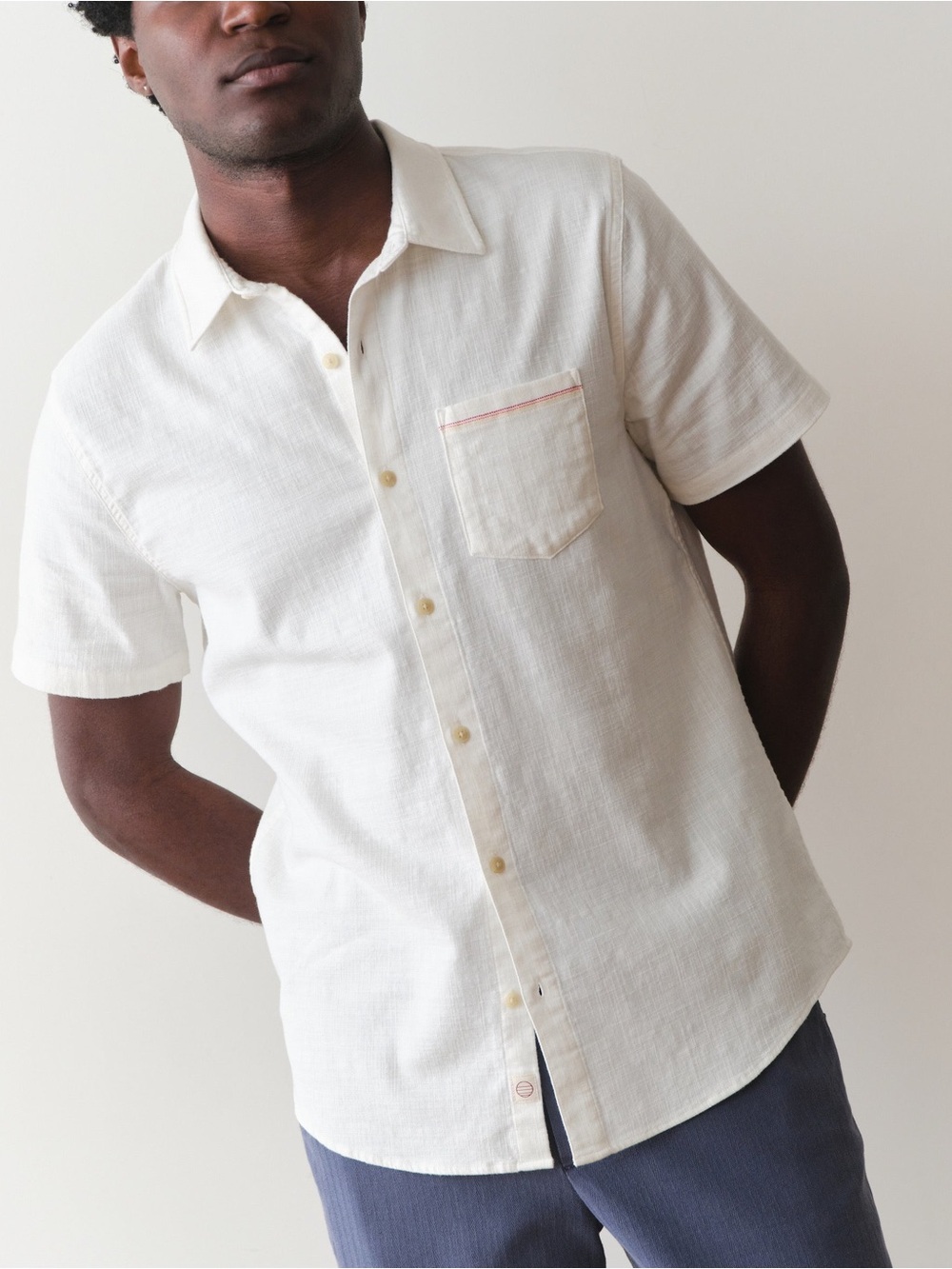 Marine Layer Stretch Selvage Short Sleeve Shirt Cotton in Natural Ivory XXL - Picture 3 of 14